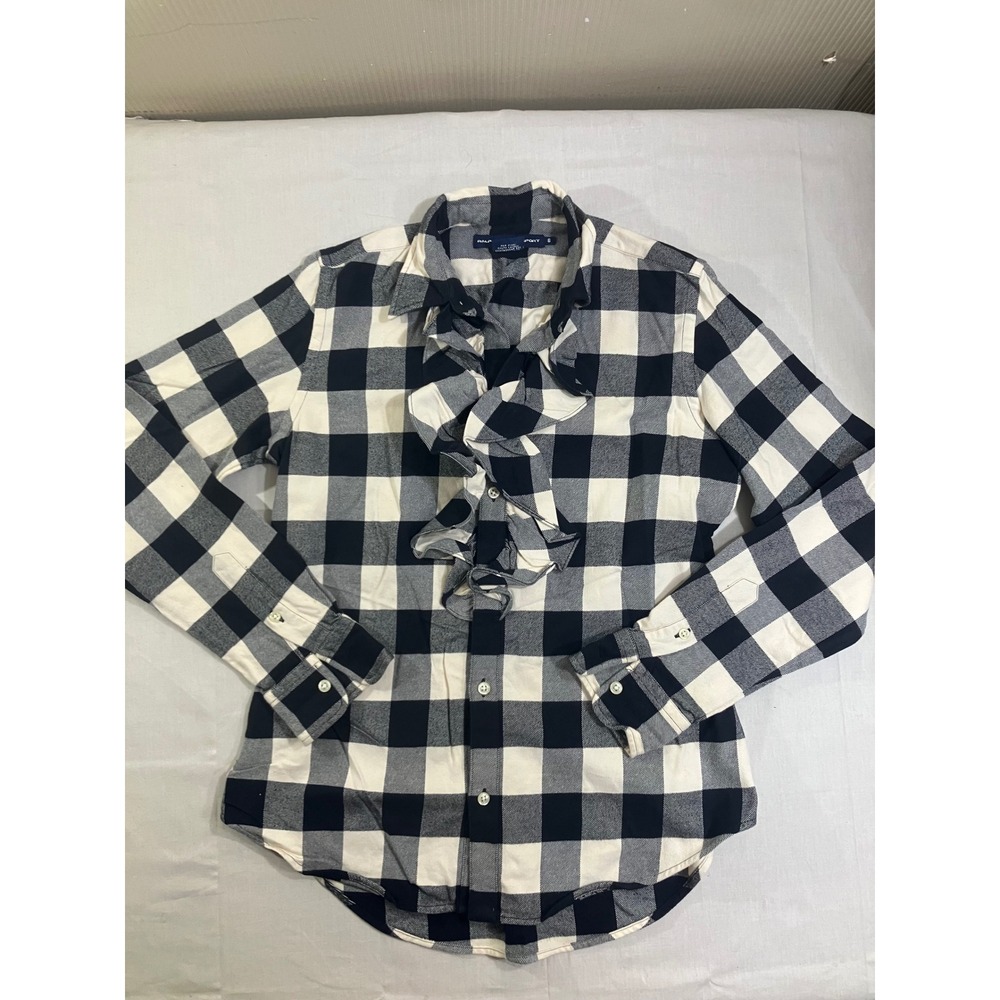 Ralph Lauren Sport Womens‎ 6 Ruffle Front Buffalo Plaid Button Shirt Navy White